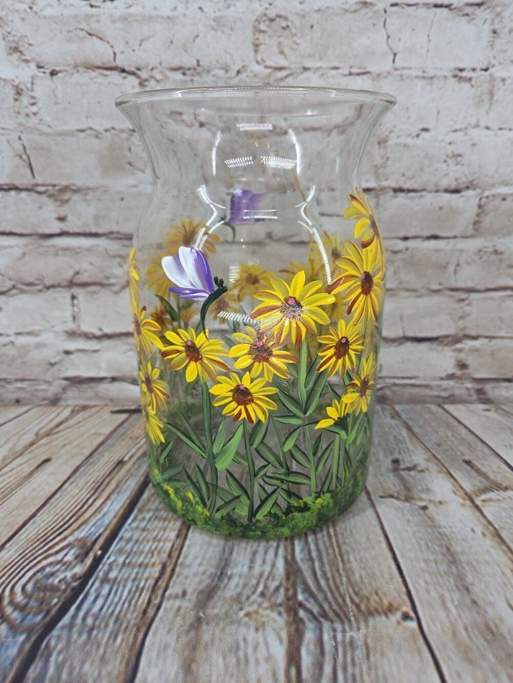 Vintage Glass Hand Painted Daisy Flower Vase 5"